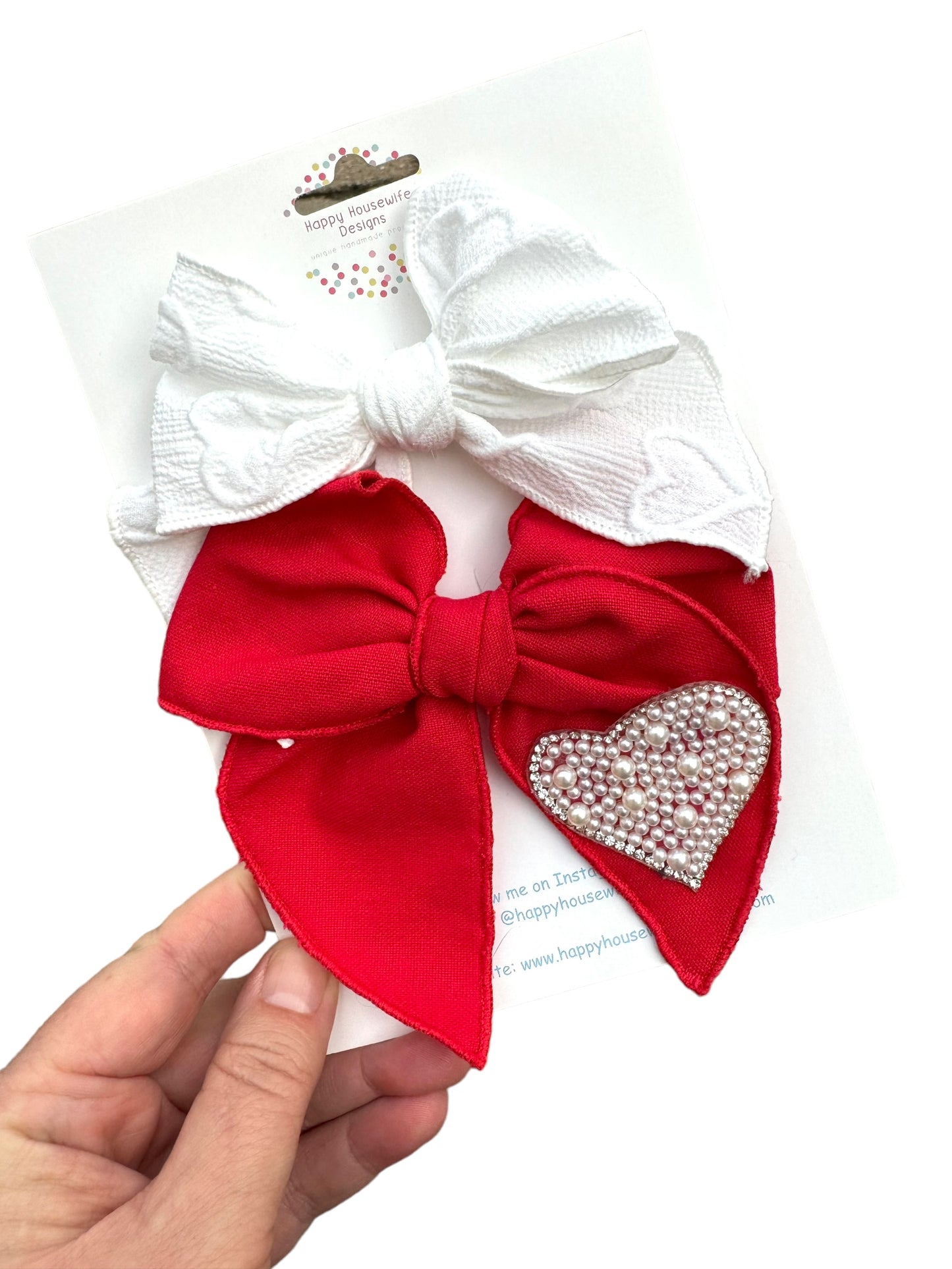*Linen Pearl Heart Hair Bows