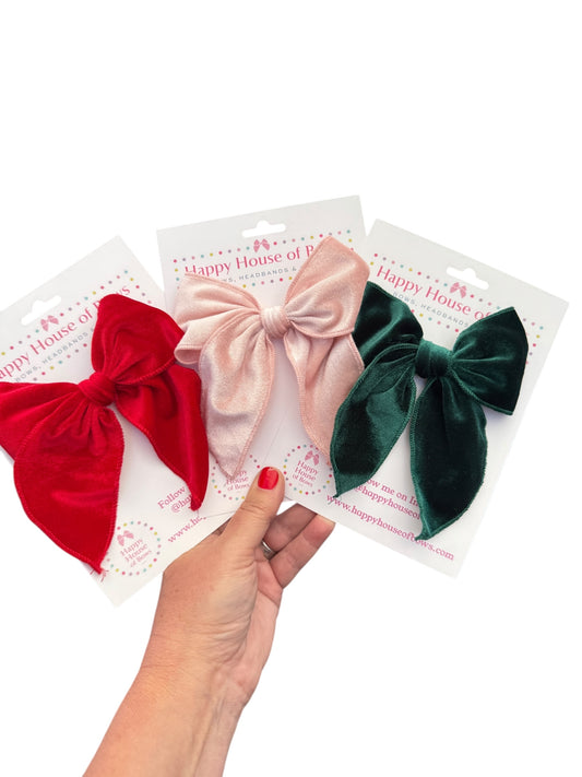 Velvet Holiday Hair Bows - Christmas Bows with Alligator Clip in Red, Green, or Pink