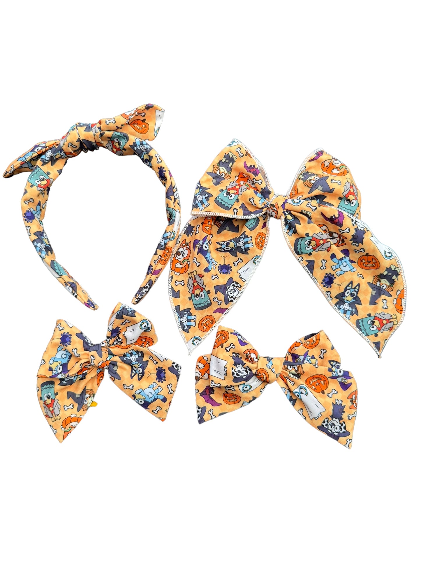 Blue Dog Halloween Knotted Headband – Spooky Cute Dog & Pumpkin Print set of hair accessories
