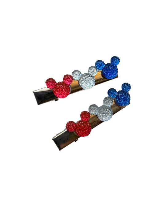 Patriotic Mouse Ear Alligator Clips for Girls – Red, White & Blue 4th of July Hair Accessories (Set of 2)