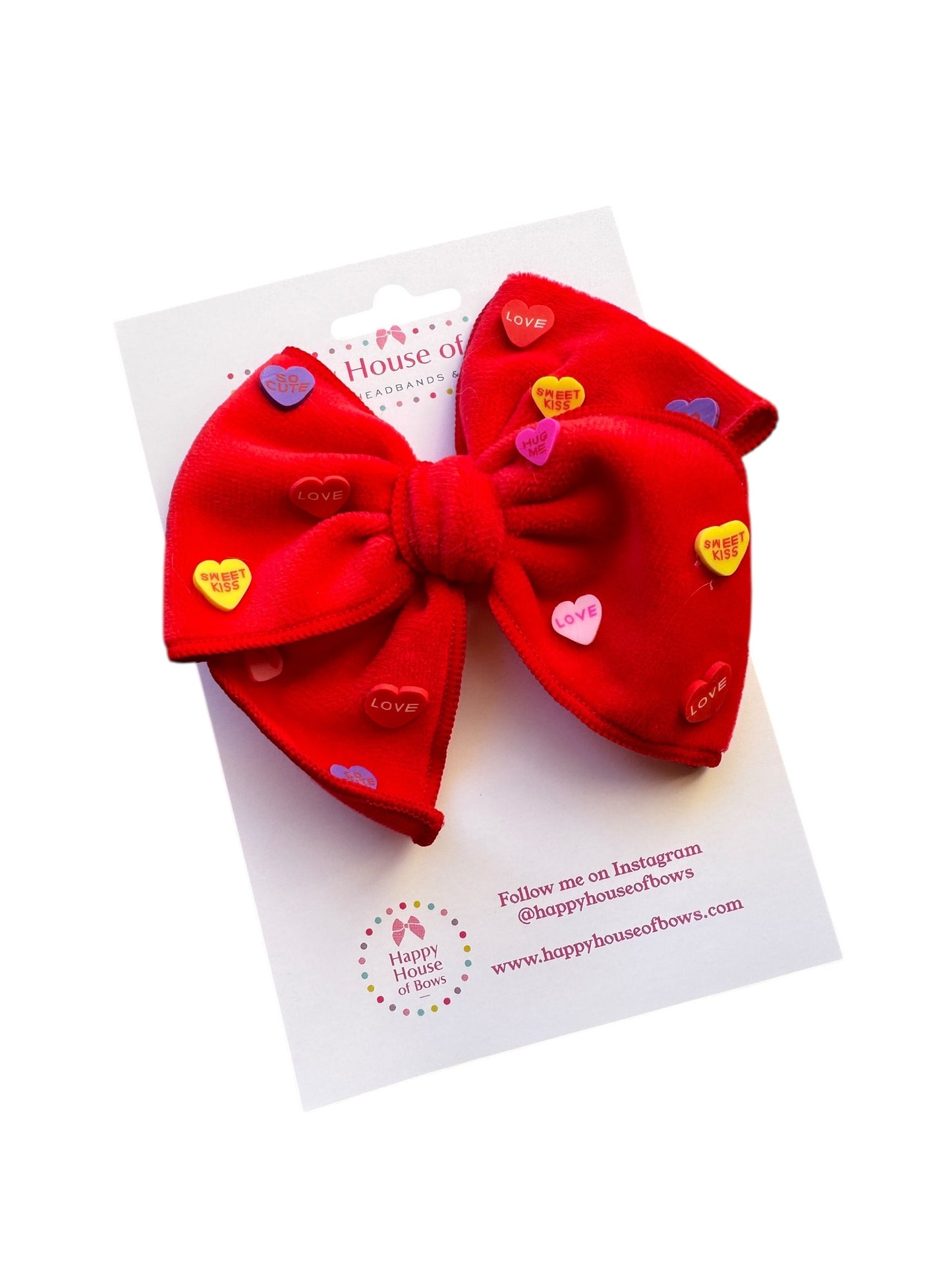 Red or Pink Velvet Candy Heart Hair Bow - Valentine's Day Hair Bow with Conversation Hearts
