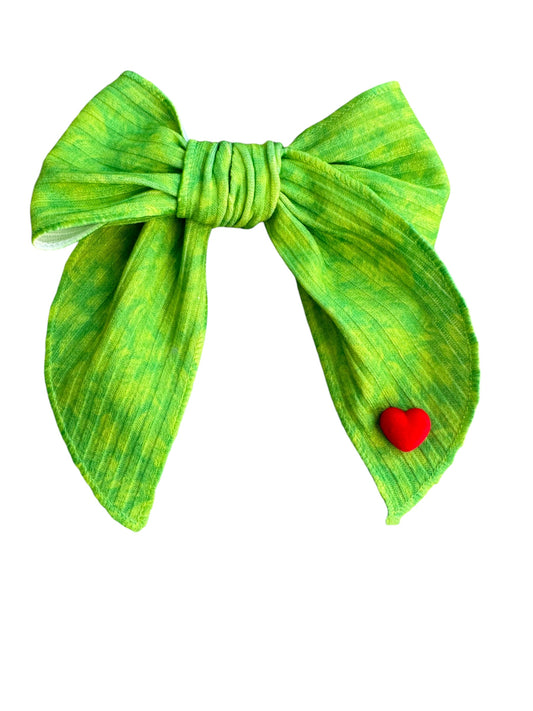 Mr. Mean Hair Bow - Grinch Green & Red Heart Bow