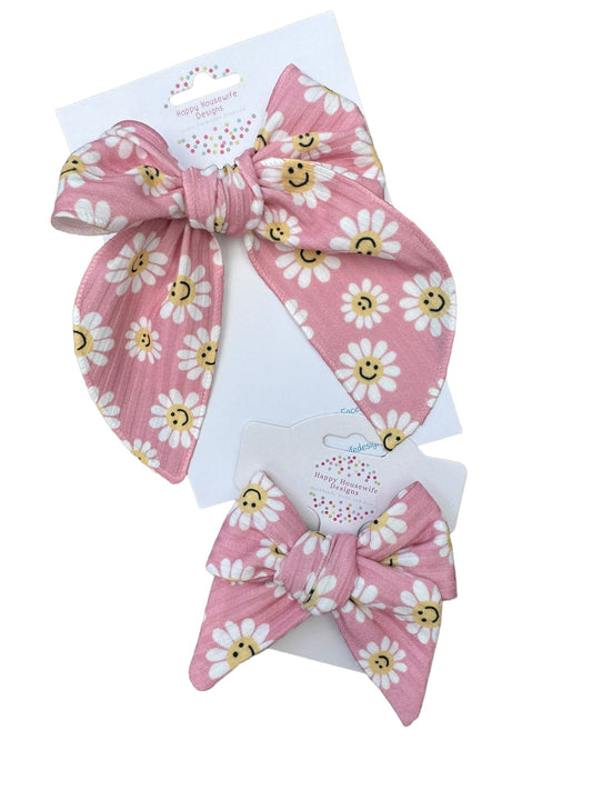 Pink Smiling Daisy Hair Bow - Cotton Ribbed Hair Clips
