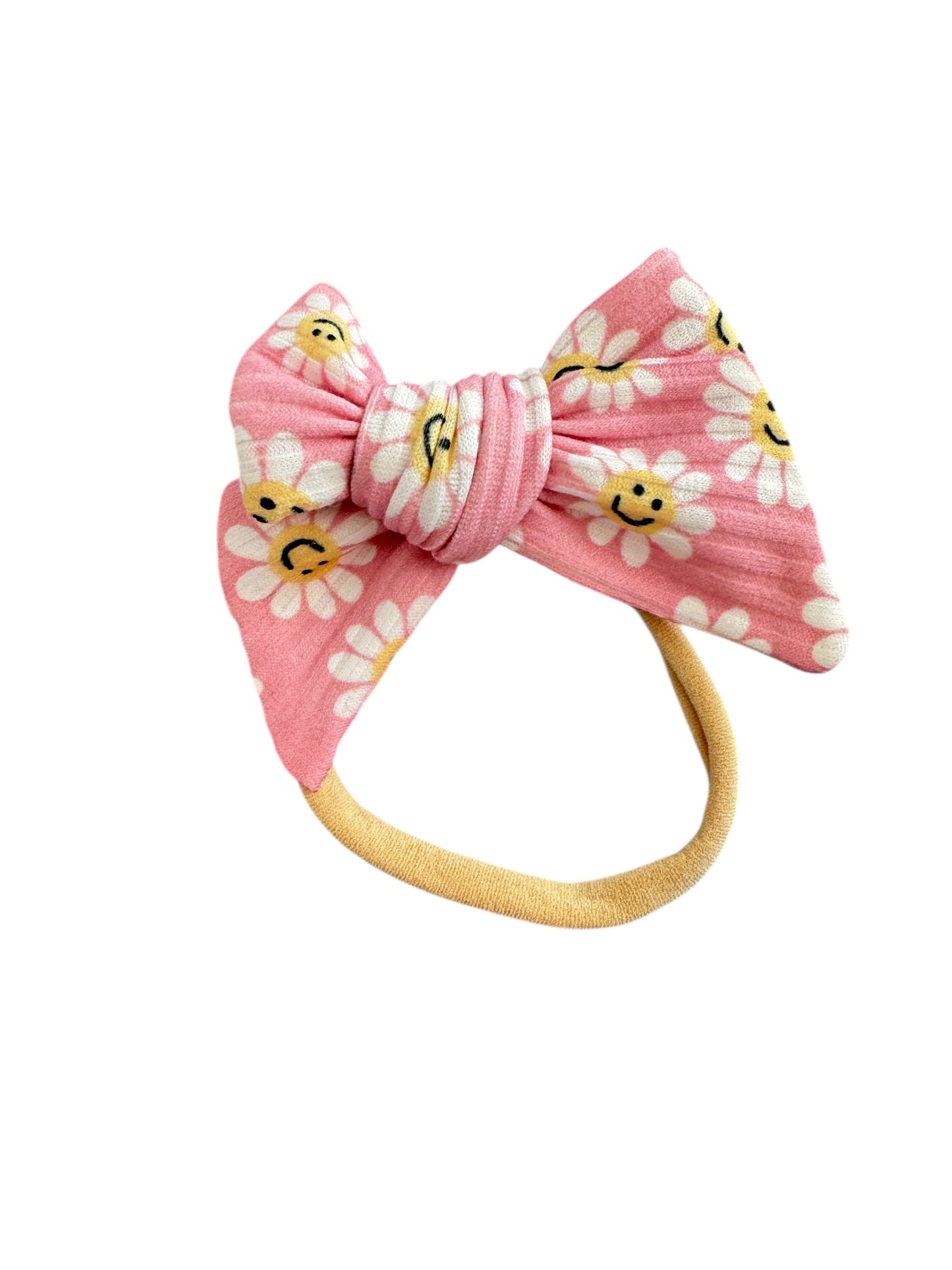 Pink Smiling Daisy Hair Bow | Cotton Ribbed Bow Clip & Headband for Girls