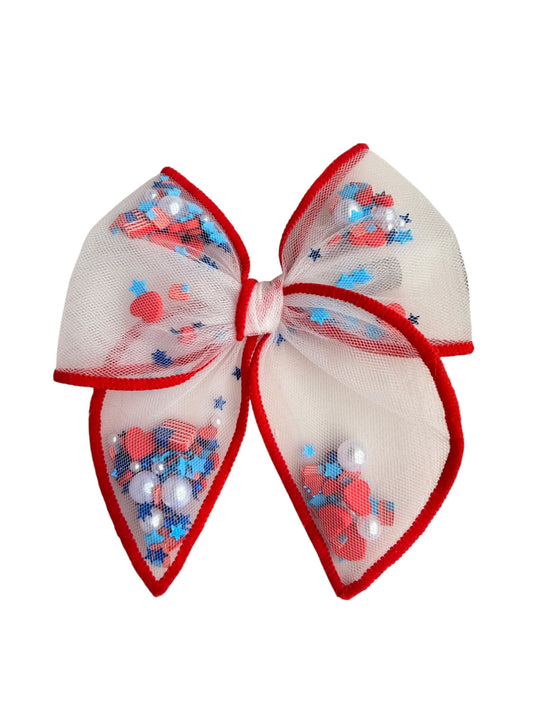 Flags & Hearts Shaker Hair Bows – Patriotic 4th of July Alligator Clip