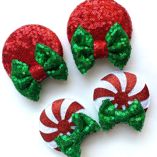 Christmas Mouse Ear Clips - Festive Holiday Pigtail Accessories