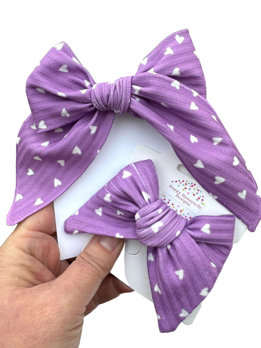 Purple and White Heart Hair Bow - Valentine's Day Hair Bow for Girls
