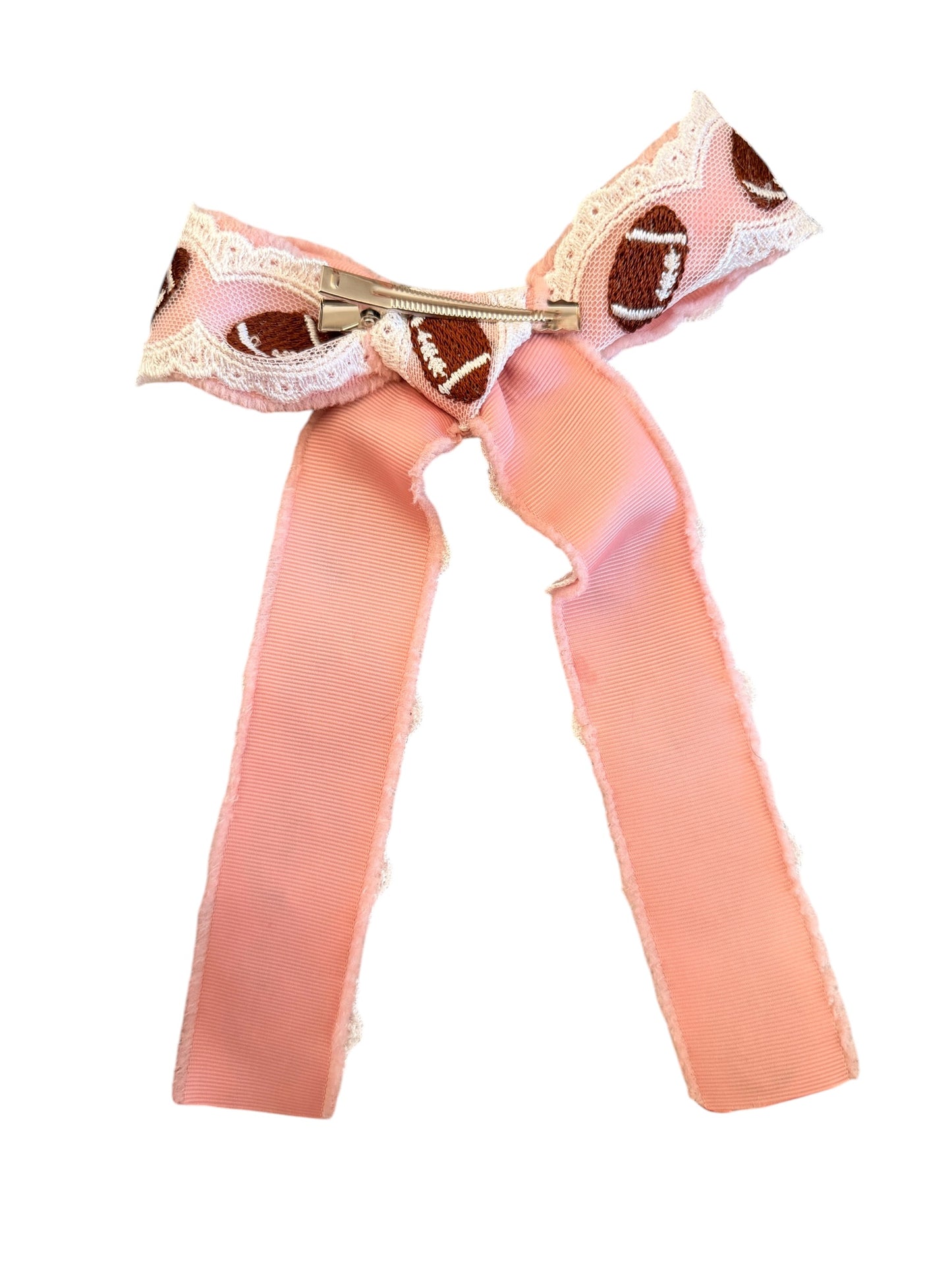 Pink Football Lace Long Tail Hair Bow – Game Day Bow for Girls