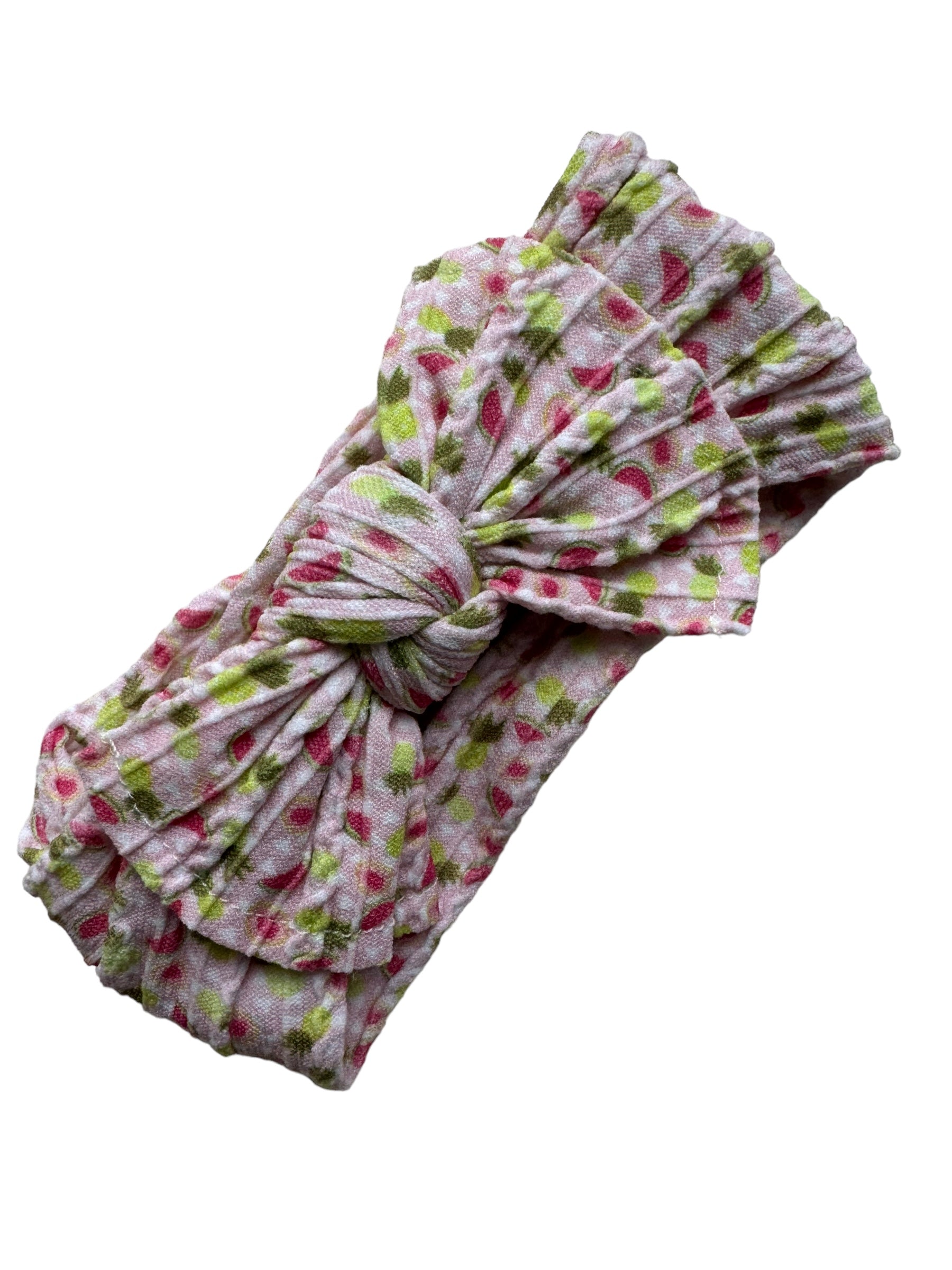 A watermelon patterned nylon headwraps for babies with large bow