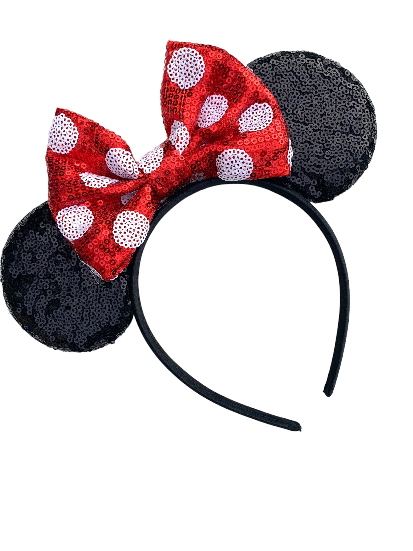 Black sequin mouse ears with a chunky red and white polka dot bow
