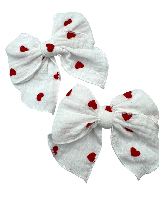 Hearts Muslin Hair Bow - Valentine's Day Hair Bow for Girls