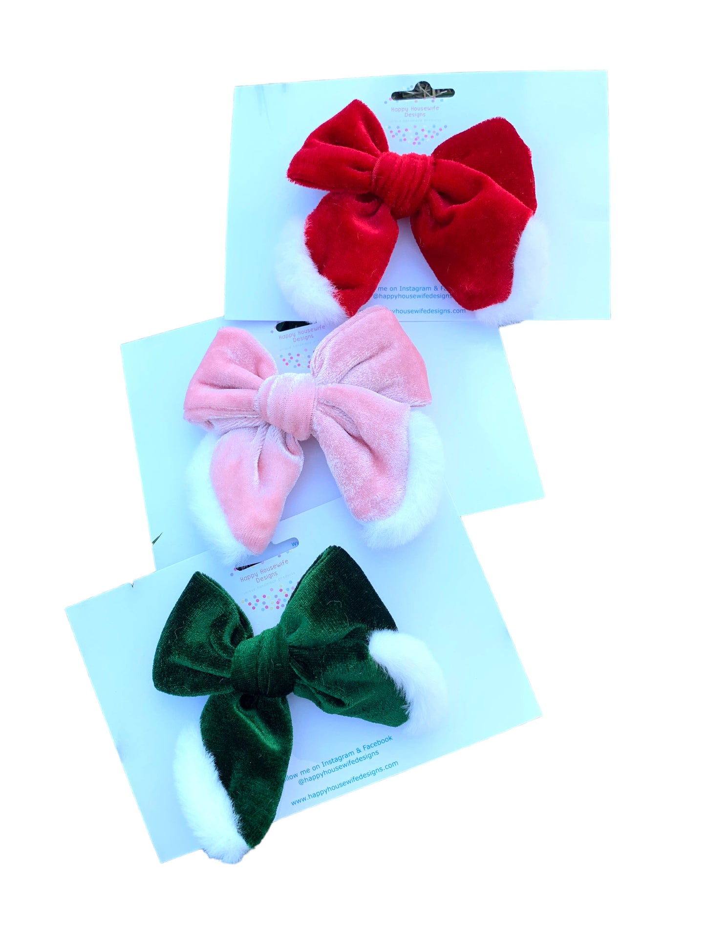 Green Velvet Santa Hair Bows with White Fur Trim - Christmas Hair Accessories