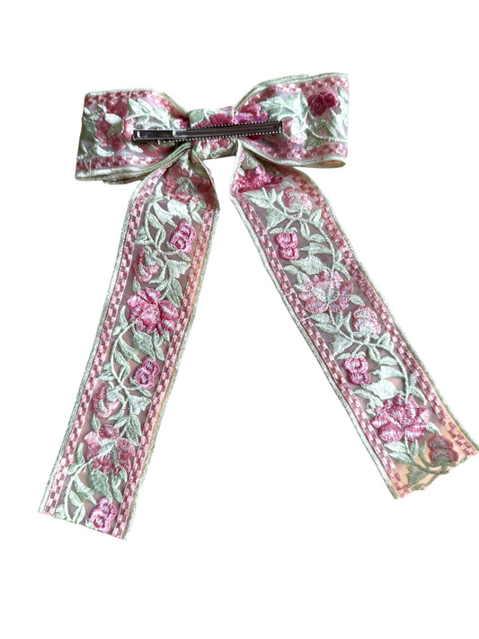 Floral Long Tail Hair Bow | Embroidered Lace Bow Clip for Girls & Women