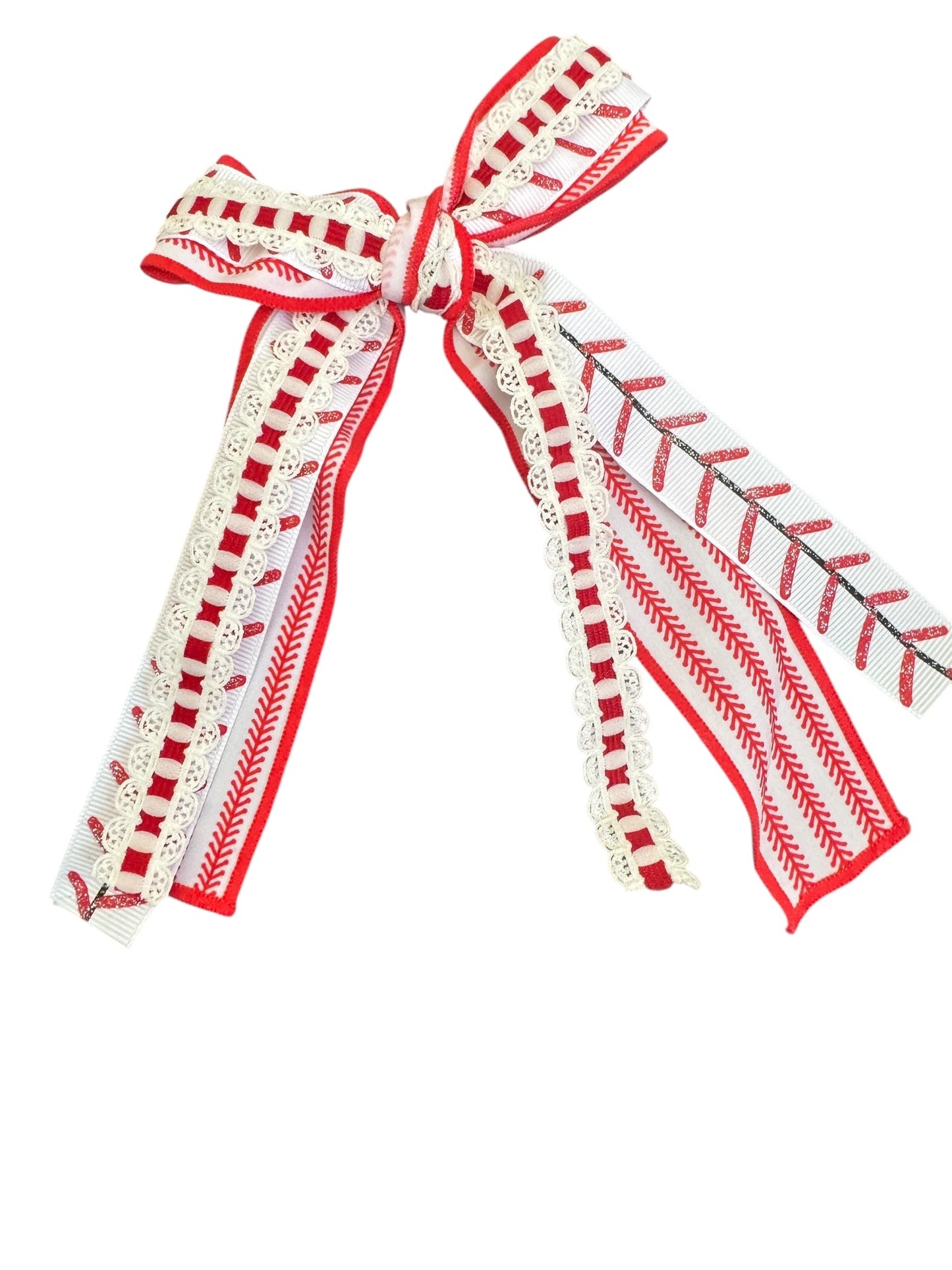 Decorative baseball ribbon hair bow with red and white patterns on a white background