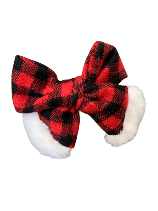 Buffalo Plaid Santa Bow - Red Velvet Christmas Hair Bow for Girls & Babies