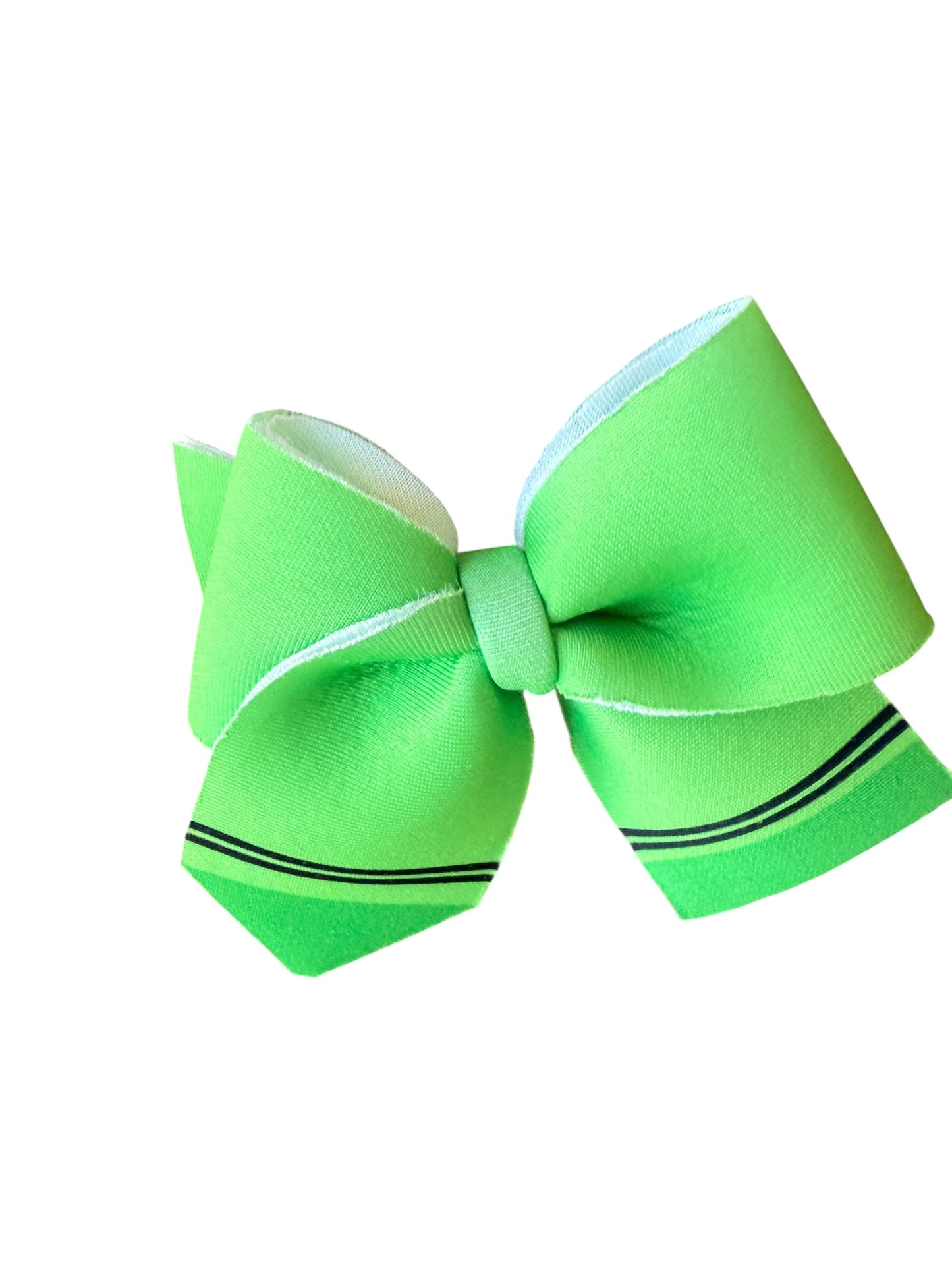 A green crayon ribbon hair bow with a gold metal clip, shown on a plain white background.