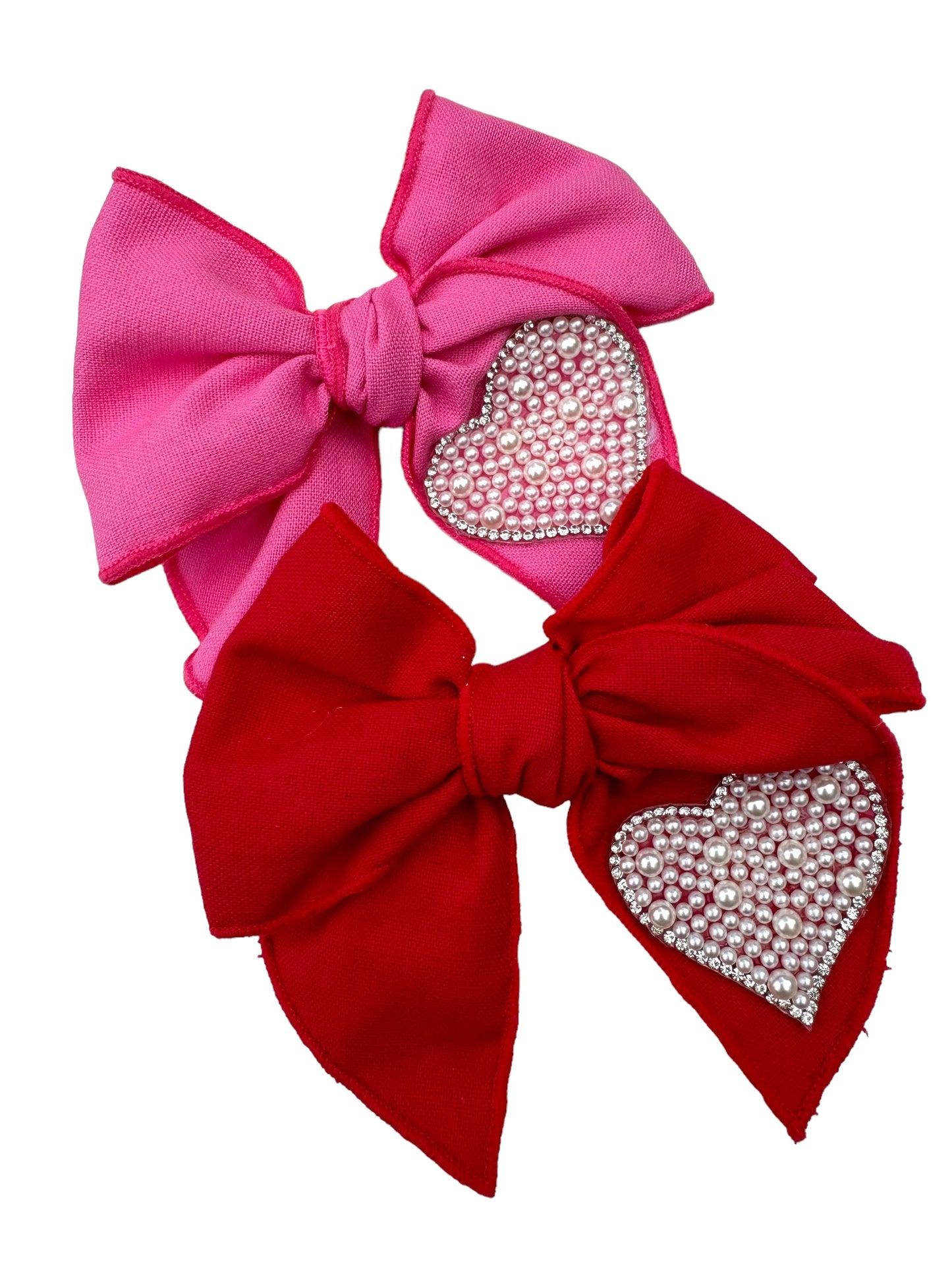 *Linen Pearl Heart Hair Bows