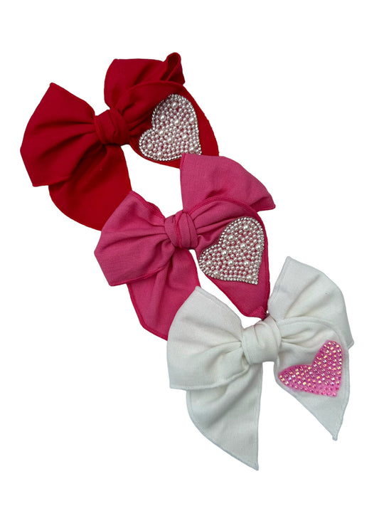 Linen Pearl Heart Hair Bows - Valentine's Day Hair Bows with Rhinestone Heart