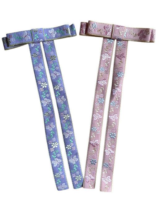 Spring Floral Hair Bow | Lace Long Tail Bow Clip for Girls & Women