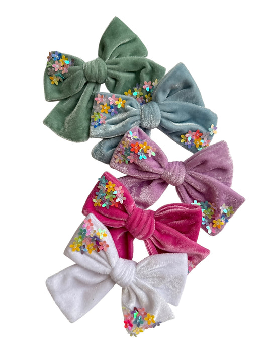 Velvet Hair Bows with Sequin Flowers - Girls Alligator Clip Bows