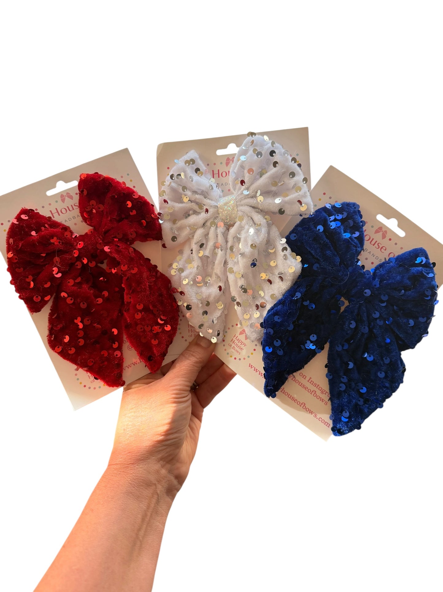 Patriotic Velvet Hair Bow with Sequins – Red White & Blue Alligator Clip Bow for Girls