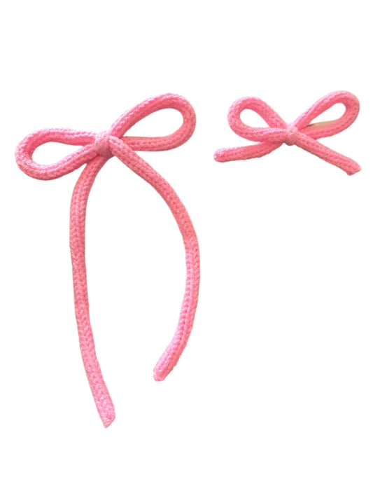 Bright Pink Knit Hair Bows for Girls - Long Tail Coquette Bows in 2 Sizes