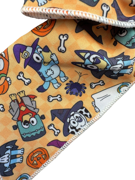 Blue Dog Halloween Knotted Headband – Spooky Cute Dog & Pumpkin Print
