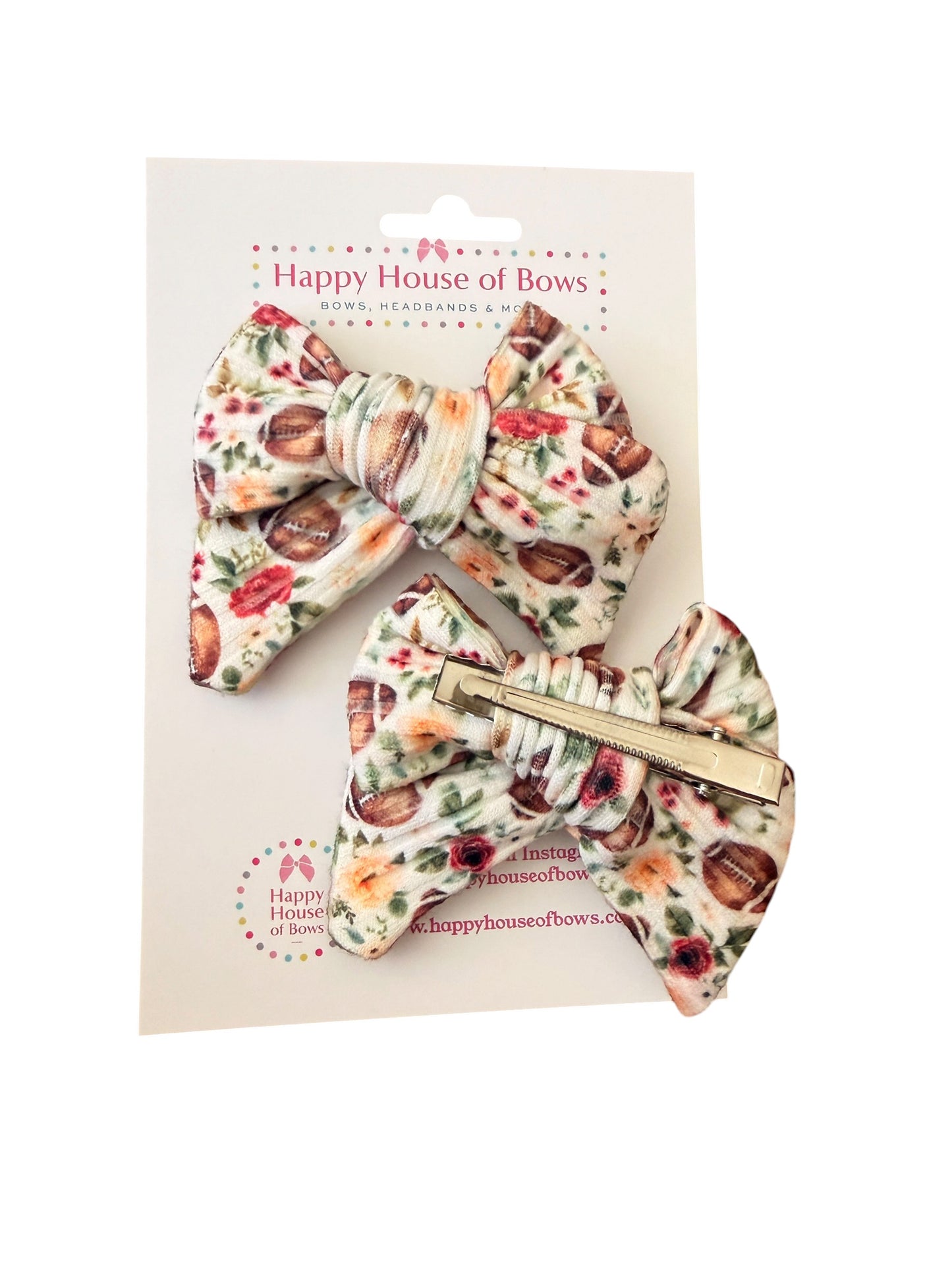 Cream Floral Football Hair Bows on Clip