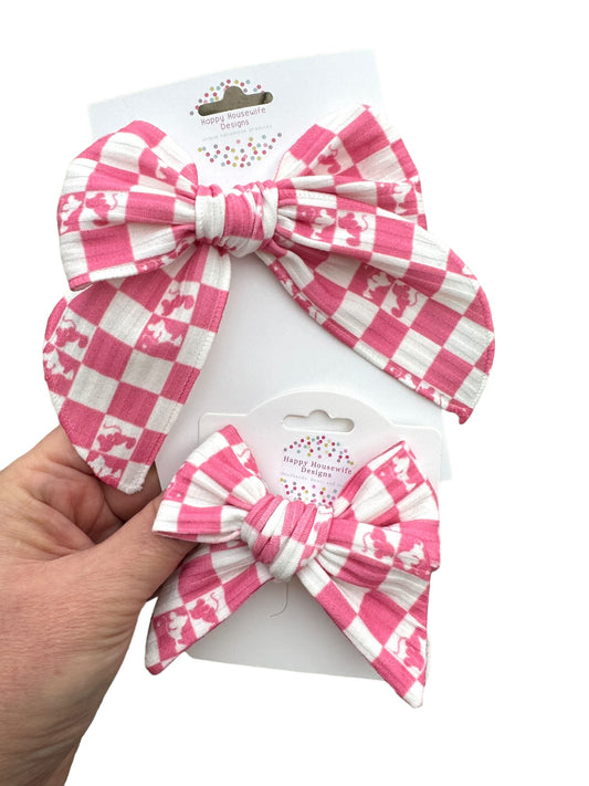 Pink Checkered Mouse Kiss Hair Bow - Valentine's Day Hair Bow for Girls