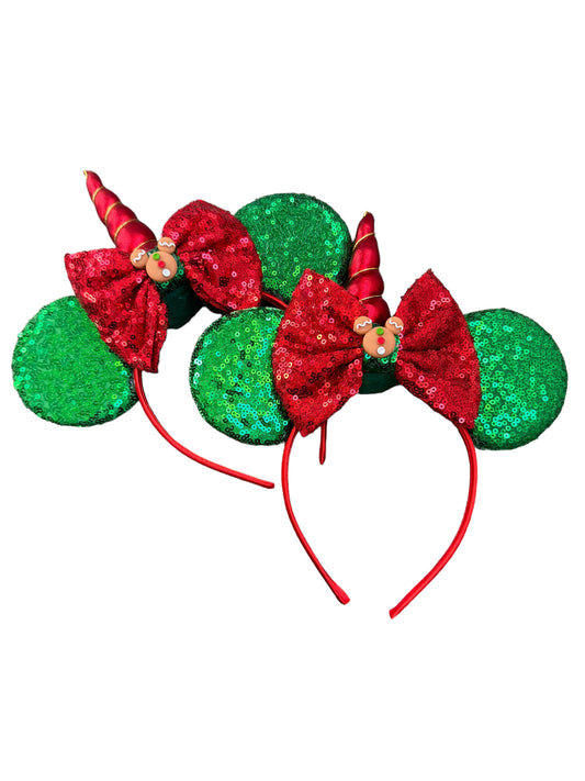 Gingerbread Unicorn Mouse Ears Headband - Red Christmas Holiday Headband