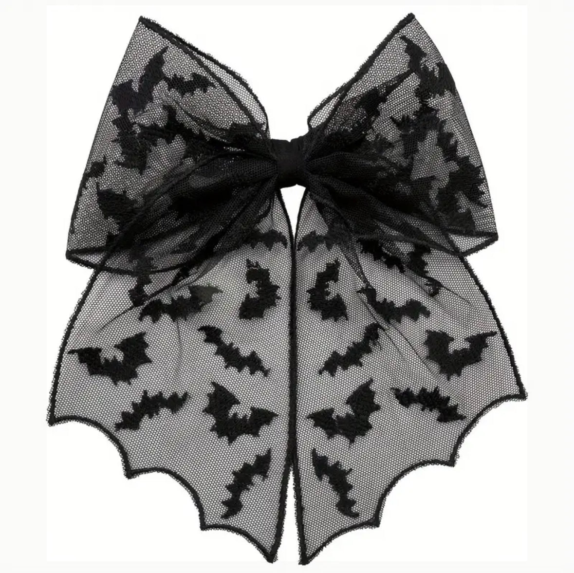 Bow with black bat patterns on a sheer background