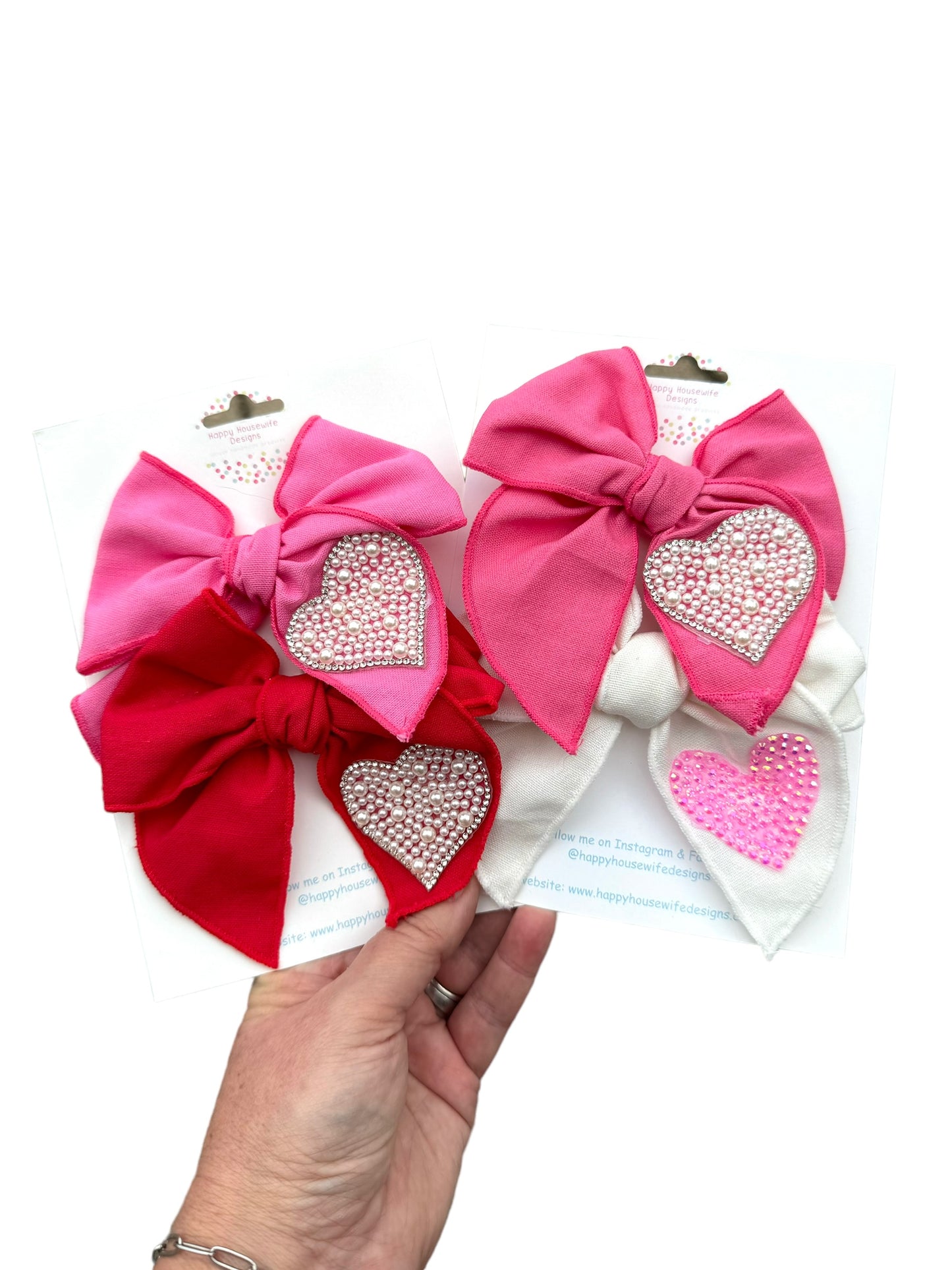 Linen Pearl Heart Hair Bows - Valentine's Day Hair Bows with Rhinestone Heart