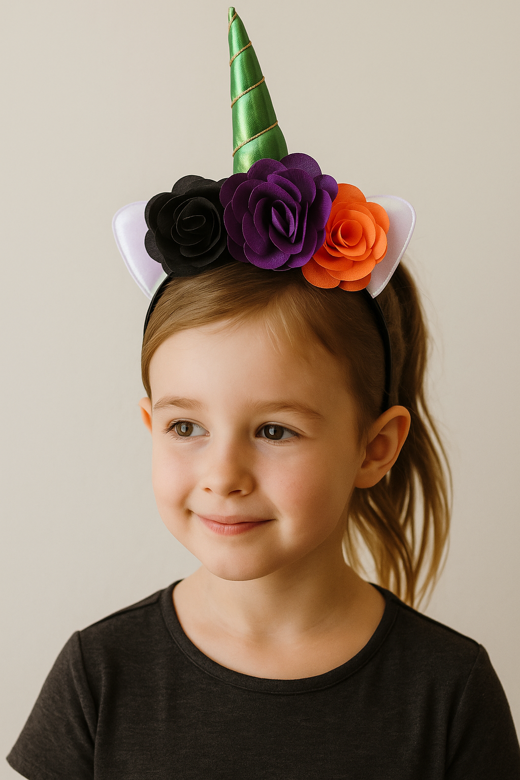 Child wearing a colorful unicorn horn headband with flowers on a plain background