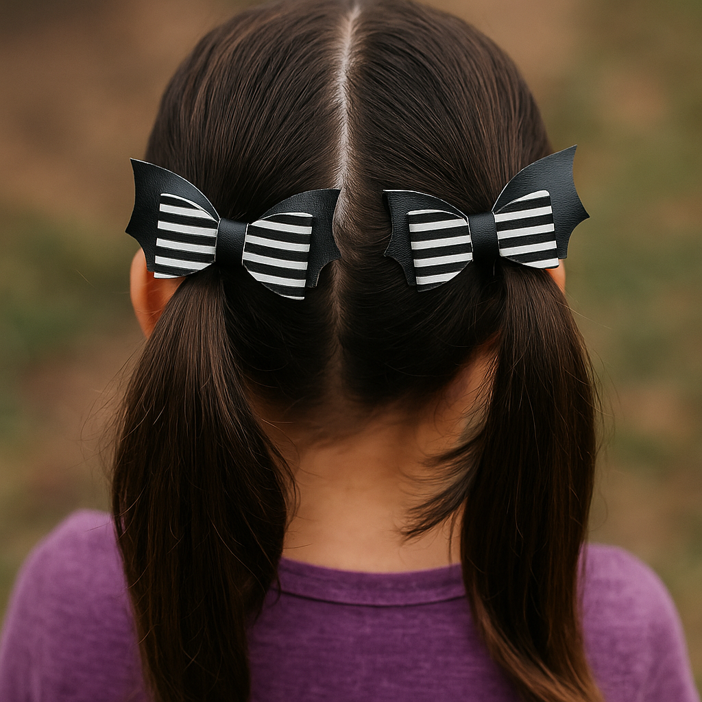 Striped Bat Faux Leather Hair Bows for Girls – Black & White Pigtail Set