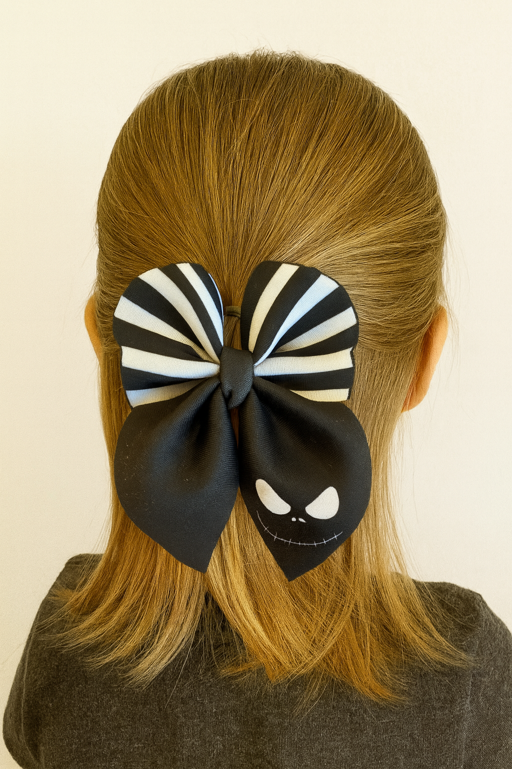 little girl wearing a jack skeleton bow