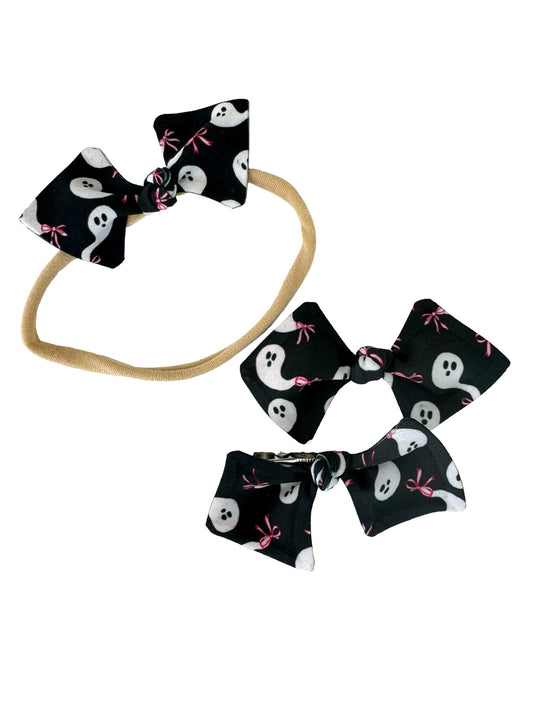 ghost mini bows for pigtails on an alligator clip and a nylon headband for babies