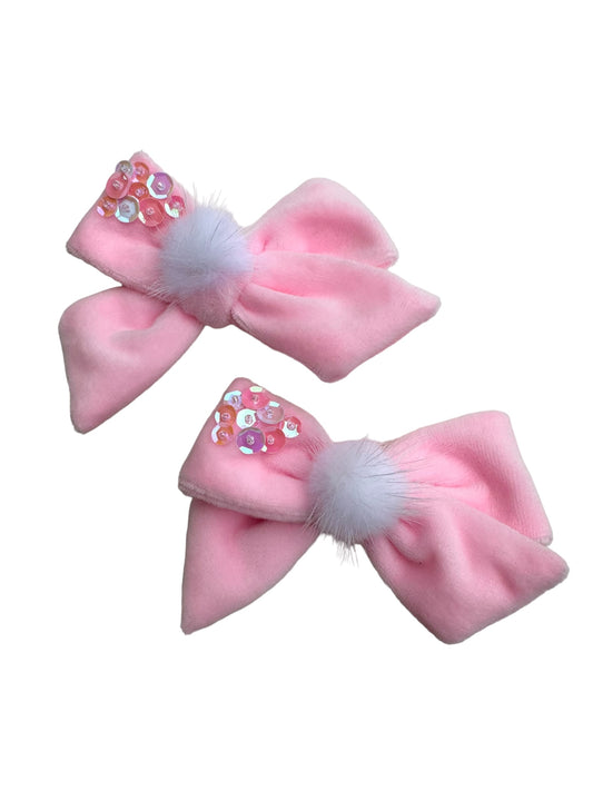 Bunny Tail Velvet Hair Bow - Pink Sequin Easter Bow Clip or Headband