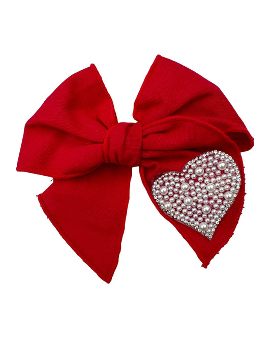 *Linen Pearl Heart Hair Bows