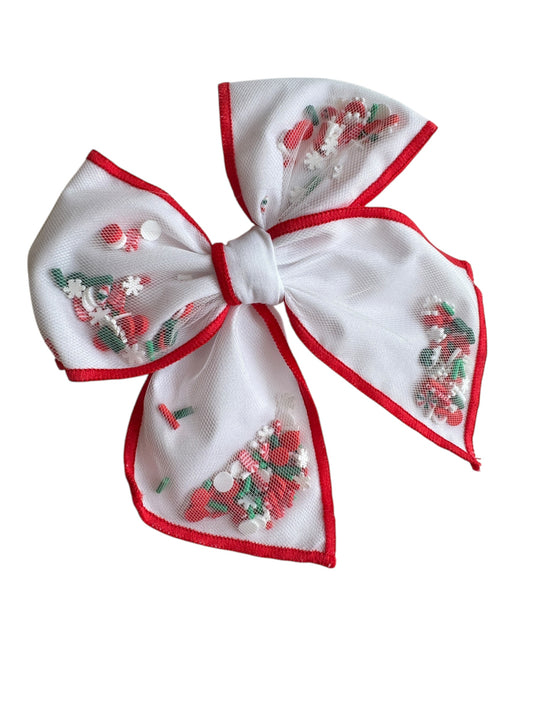 Snowflake Shaker Hair Bow with Red Trim - Christmas Holiday Hair Accessory