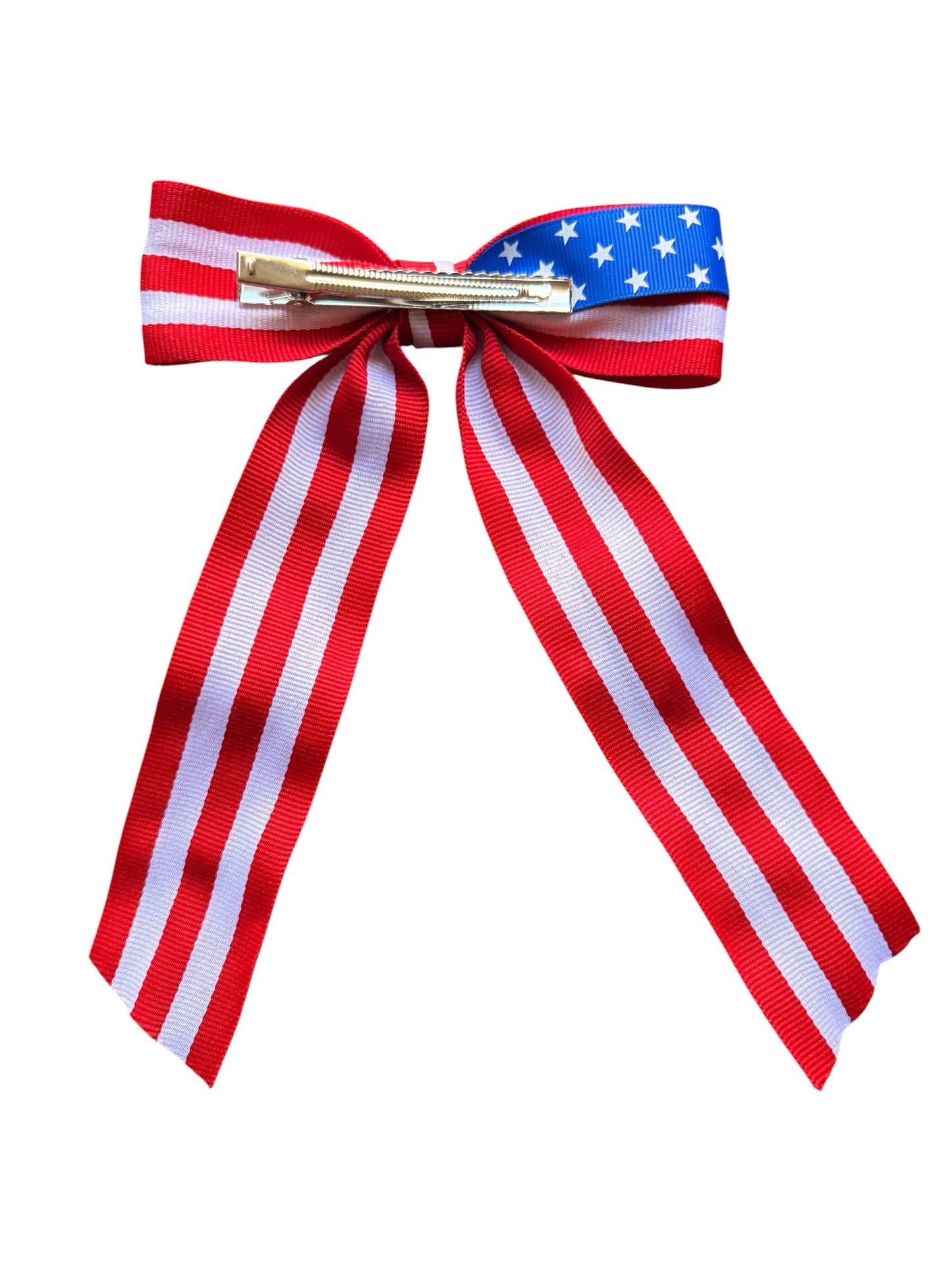 Patriotic Long Tail Hair Bows - Stars & Stripes | 4th of July & Memorial Day Hair Clips