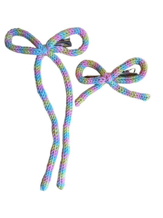 Knit Long Tail Hair Bows for Girls - Pastel Pink Coquette Bows in 2 Sizes