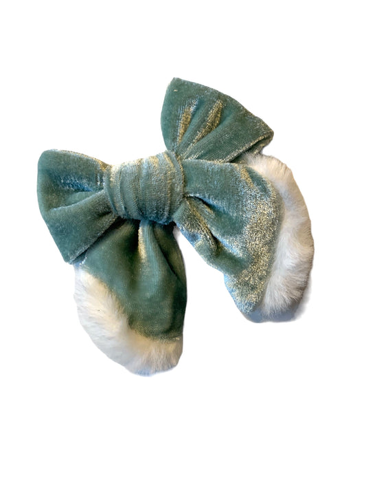 Aqua Velvet Santa Bow - Christmas Hair Bow for Girls & Babies