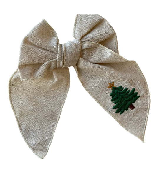 Linen Christmas Hair Bows with Embroidered Holiday Designs - Holiday Hair Bows for Girls and Women