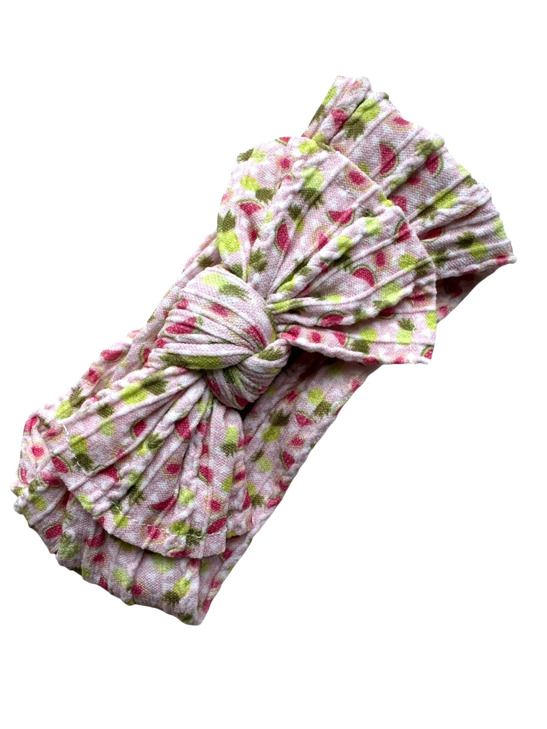 A watermelon patterned nylon headwraps for babies with large bow