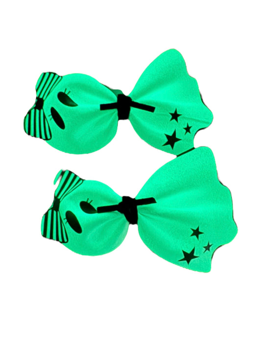 Cute Ghost Glow in the Dark Faux Leather Hair Bow for Girls – Halloween Neon Green Bow