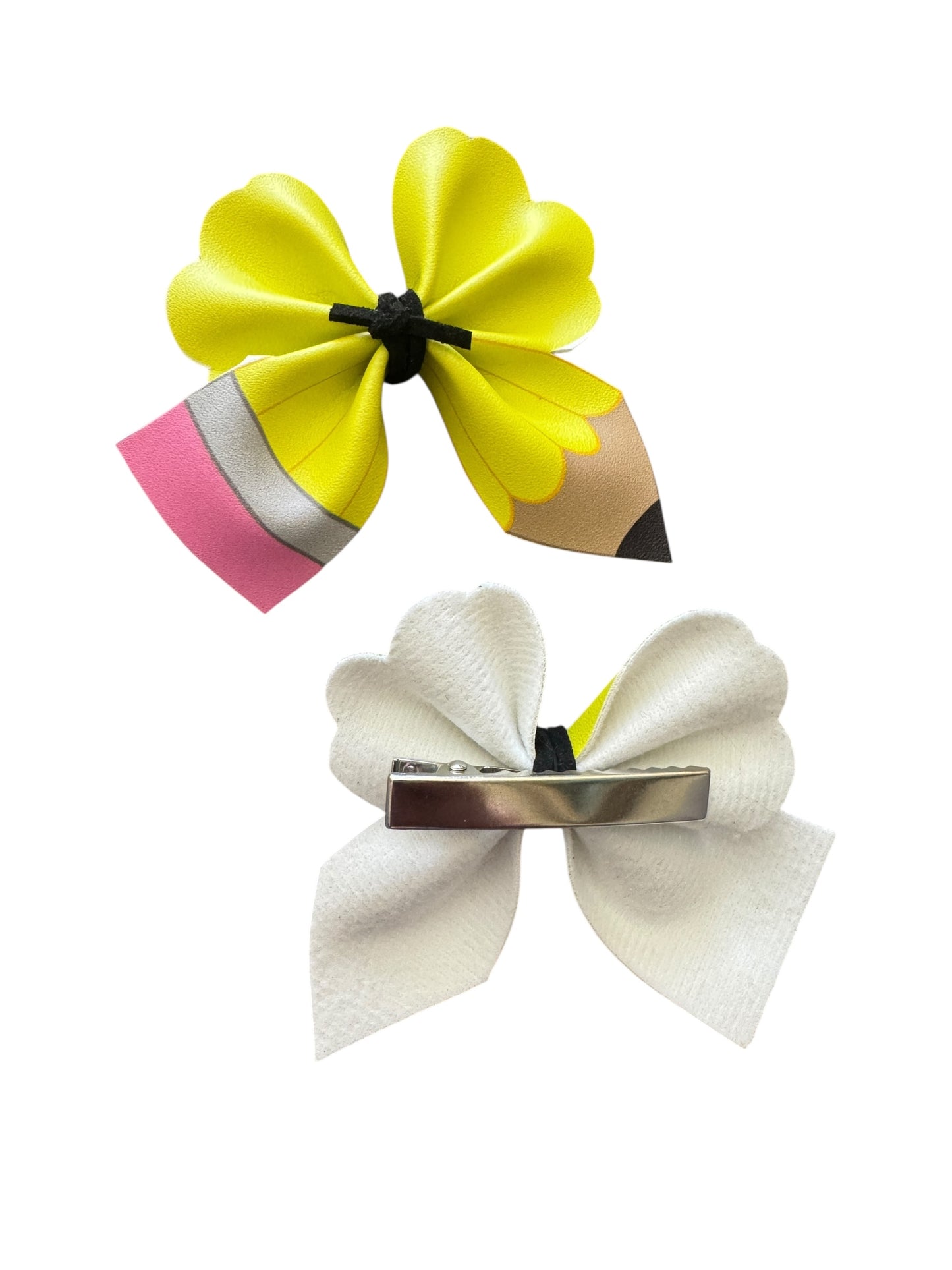 Two pencil hair bows, one yellow and pink, the other white with a silver barrette, on a white background.