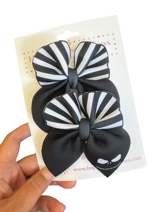 Skeleton Jack Bubble Hair Bow – Black & White Stripe Halloween Bow for Girls