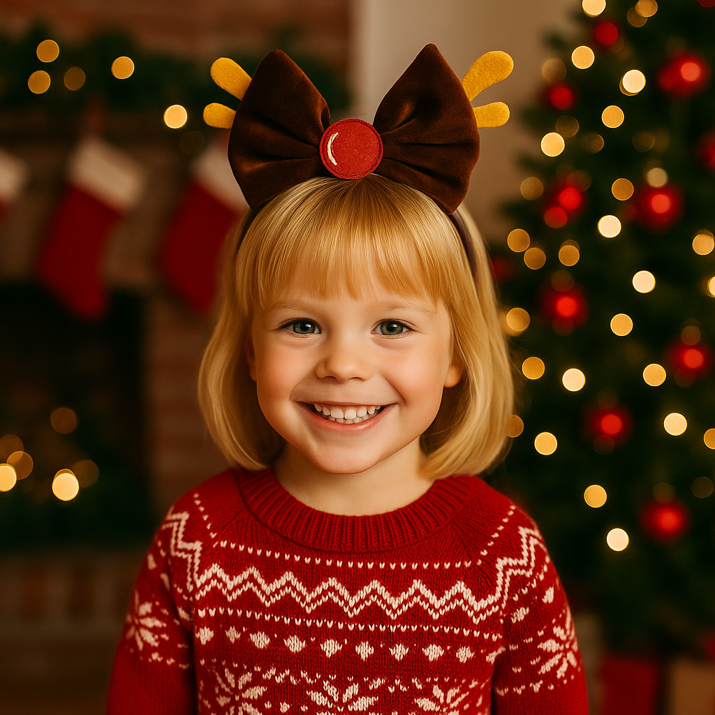 Brown Reindeer Headband with Gold Antlers & Red Nose - Christmas Holiday Costume Accessory