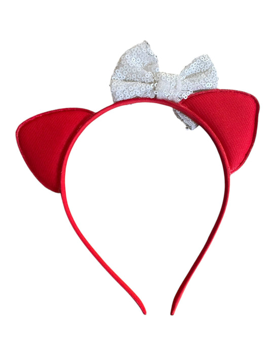 Red Cat Ear Headband with Sequin Bow - Cute Cat Ears for Girls & Women