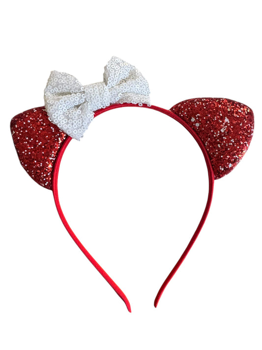 Red Cat Ear Headband with Sequin Bow - Cute Cat Ears for Girls & Women